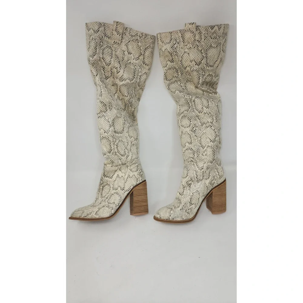 Mi.iM Over The Knee Boots Women Sz 6 Cream Grey Snakeskin Block Heel Pointed Toe